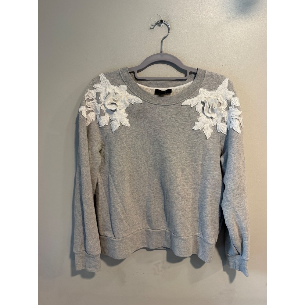J.Crew‎ Womens Heather Gray Floral Lace Applique Cotton Sweatshirt Medium